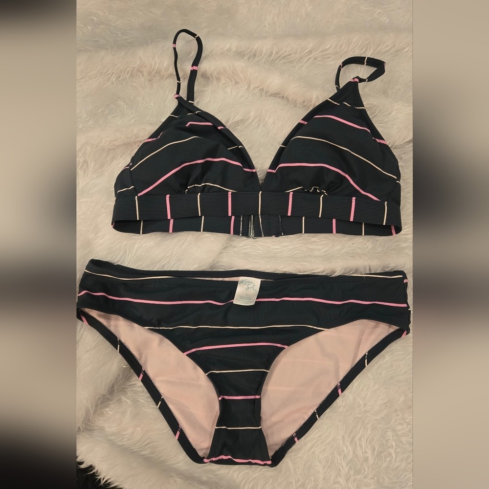 Kona Sol Olive‎ green Pink Striped Ribbed Triangle Bikini Set-L